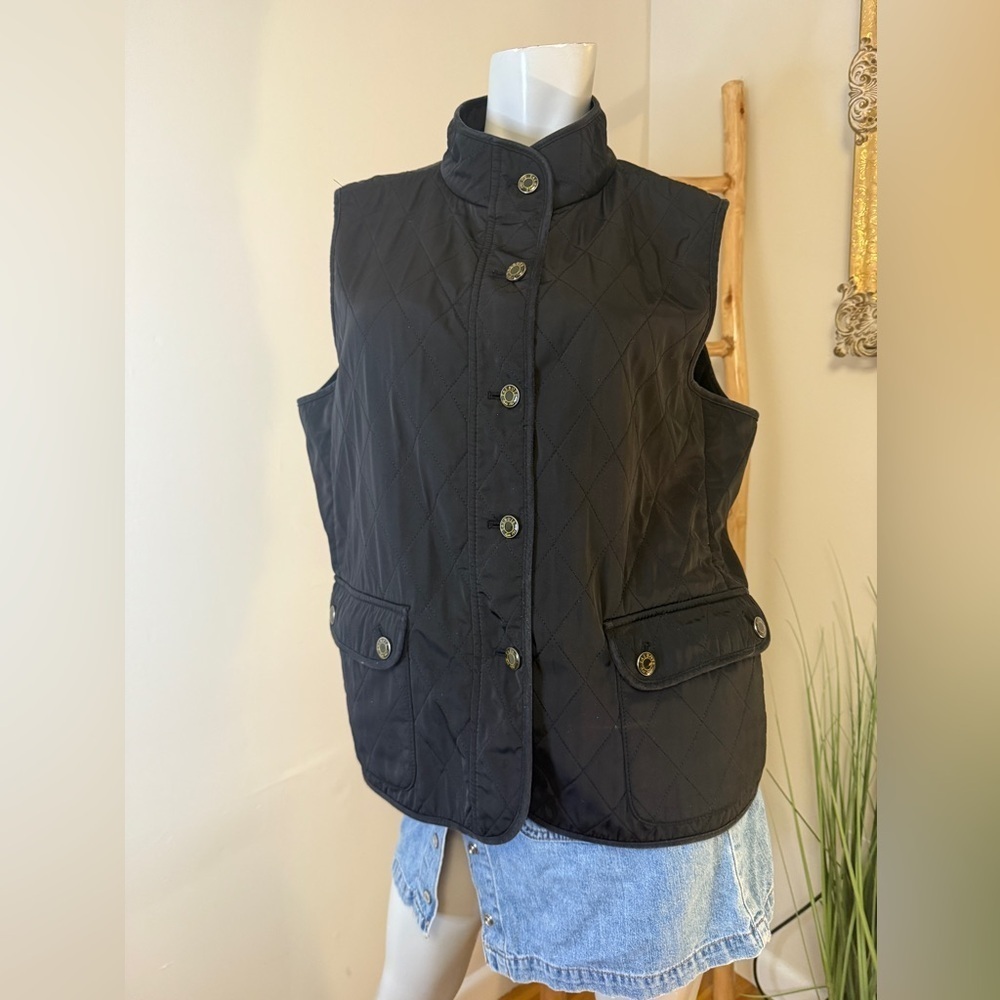Talbots Women's Quilted Black Vest Fleece Lined Button Up Size Large NWT